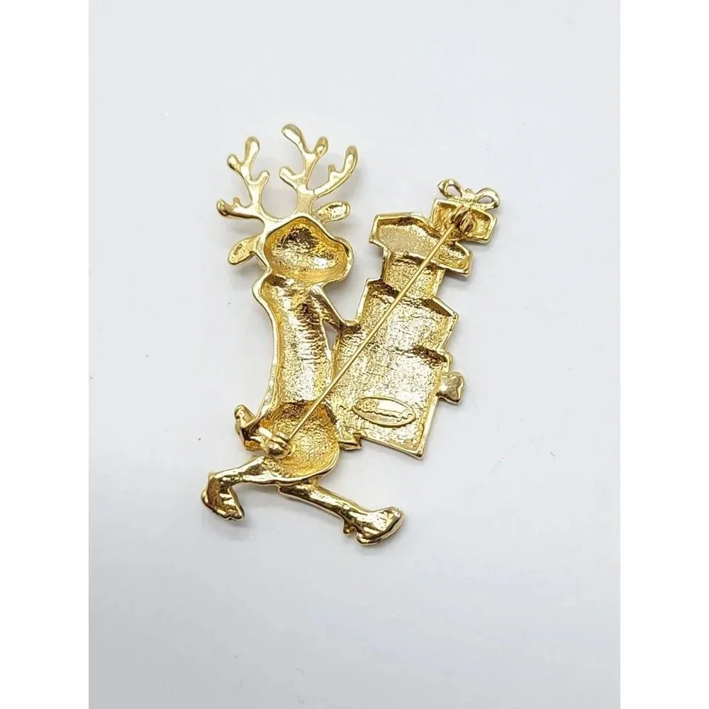Danecraft Christmas Reindeer Brooch Enamel Gifts Gold Tone Pin Estate Vintage